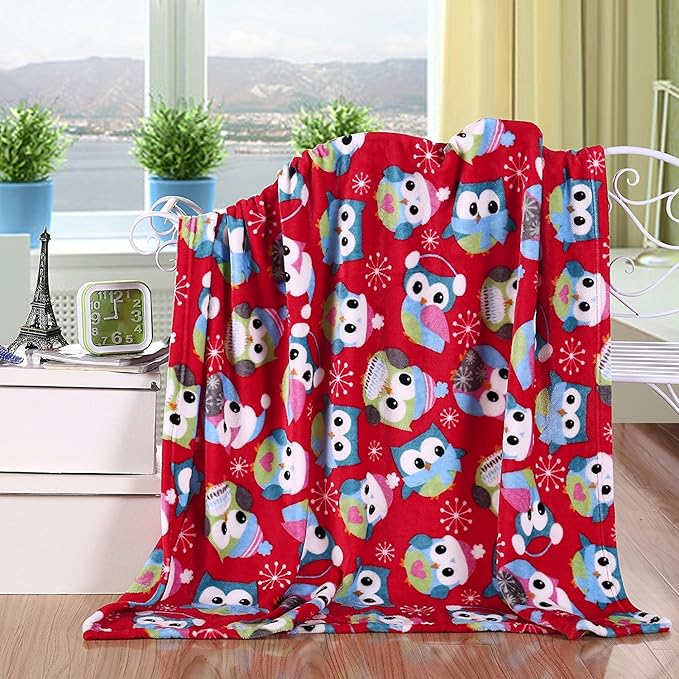 Elegant Comfort Velvet Touch Ultra Plush Christmas Holiday Printed Fleece Throw/Blanket - 50" x 60inch, (Owls)