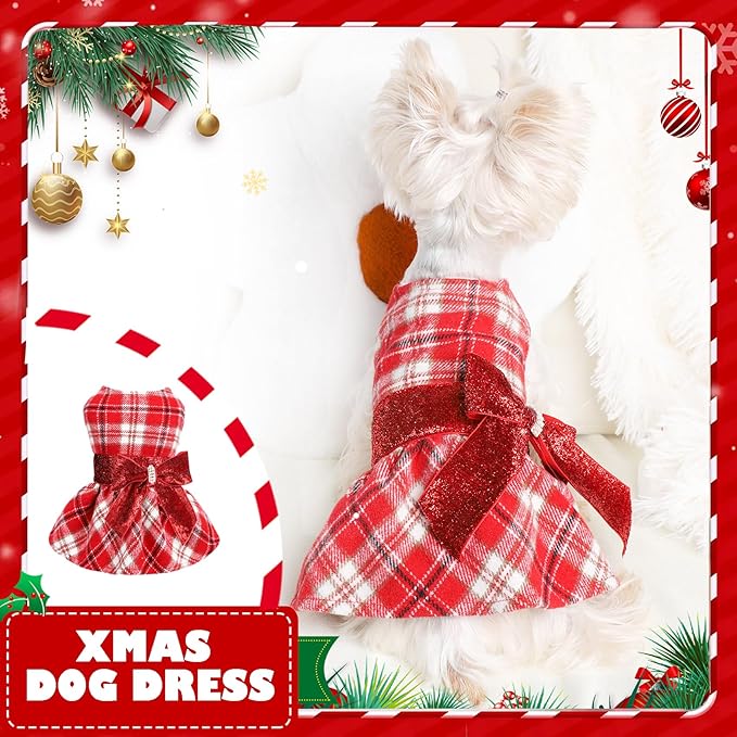 Yikeyo Dog Sweater Dress,Fleece Lining Plaid Dog Dress Sequins Bow-Knot Clothes Girl Pet Sweater Coats Cat Outfits Red,Small