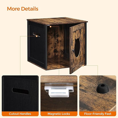 Feandrea Cat Litter Box Furniture, Hidden Litter Box Enclosure Cabinet with Single Door, Indoor Cat House, End Table, Nightstand, Rustic Brown and Black UPCL004X02