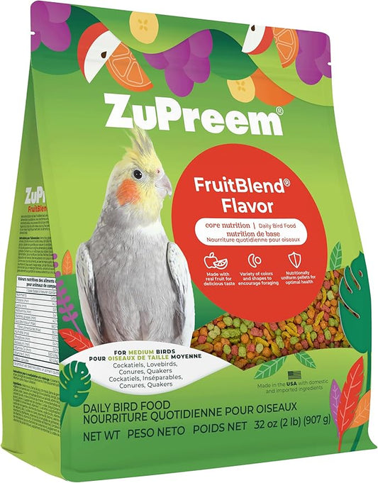 ZuPreem FruitBlend Bird Pellets, Daily Bird Food for Cockatiel, Lovebird, Quaker, Small Conure, Lorikeet, Core Nutrition, Cockatiel Pellets, Conure Food (M, 2 lbs)