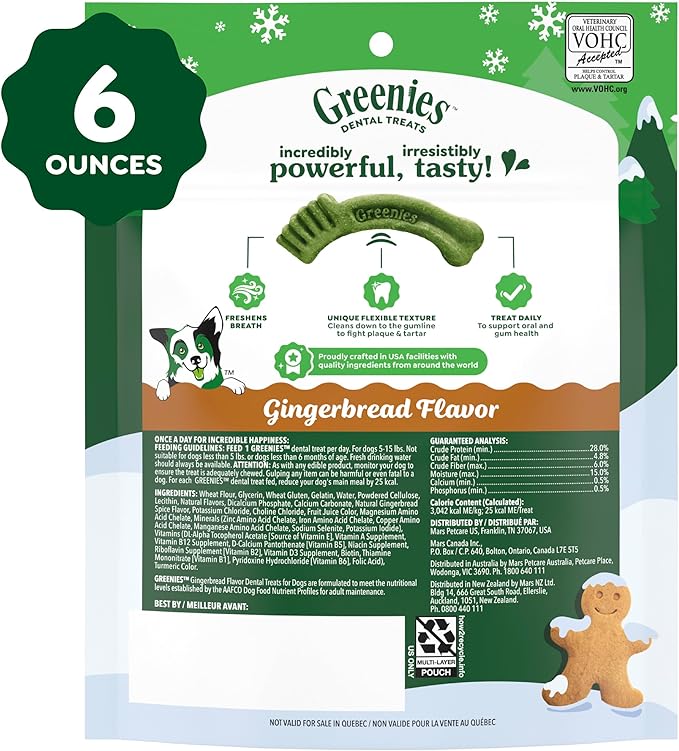 Greenies Veterinarian-Recommended, Limited-Edition Natural Dental Dog Treats Teenie Size, Gingerbread Flavor, 6 oz. Pack, 22 Count
