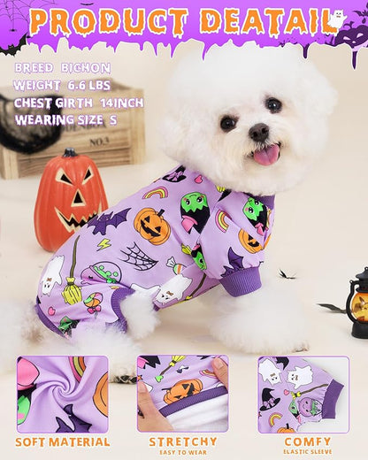 XPUDAC Halloween Dog Clothes Comfy Strechy Puppy Pajamas Cute Pet Onesies for Small Medium Dogs Boy Girl Cat Apparel Pet Outfit Purple, S