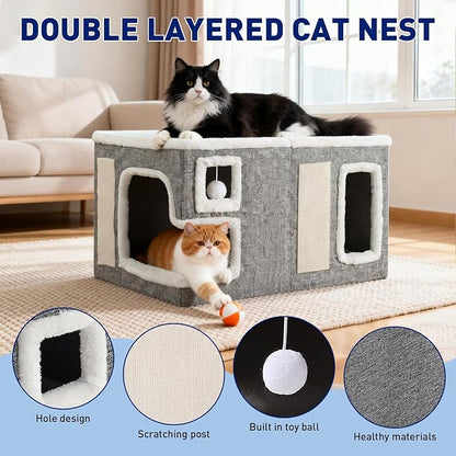 Cat Houses for Indoor Cats,Foldable with Cat Scratch Pad and Hanging Fur Ball - Washable Semi-Enclosed Cat Bed, Warming Comfy Cat Tent,22.83x16.92x12.99inch, Grey