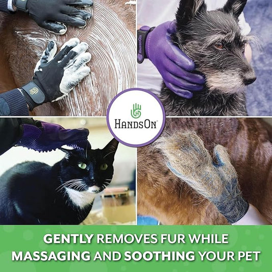 H HANDSON Pet Grooming Gloves - Patented #1 Ranked, Award Winning Shedding, Bathing, & Hair Remover Gloves - Gentle Brush for Cats, Dogs, and Horses (Purple, Medium)