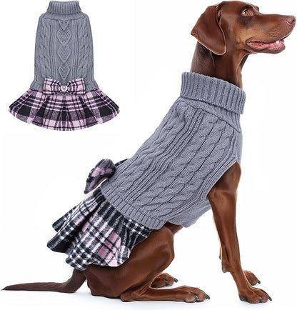 KYEESE Dog Sweater Thick Knitwear Pet Sweater Dress with Bowtie Stretchy Pet Coats Soft Pullover Dogs Clothes Comfy Dog Sweaters for Medium Dogs Boy, Grey, 3L