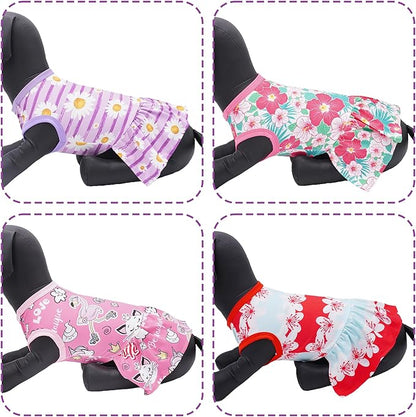 4PCS Dog Dresses Shirts for Small Dogs Girl Female Pink Purple Red Puppies Doggies Kittens Skirts Summer Clothes Pet Apparel Floral Sundress Small Daisy Unicorn Stretchable Outfit S