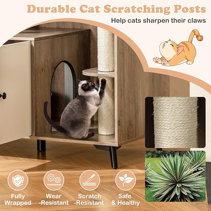 PETSITE Cat Litter Box Enclosure, Multifunctional Hidden Litter Box with Sisal Scratching Posts, Cat Condo, Litter Box Cabinet Furniture with 5 Metal Supporting Legs and Multiple Storage Space