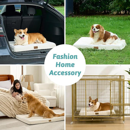 COZY KISS Dog Crate Bed for Large Size Dogs, Rectangular Orthopedic Dog Beds, Foam Anti-Slip Bottom Pet Mat with Washable Removable Cover, Suitable for Pet Up to 75 lbs, 36x27x3 inch, Beige