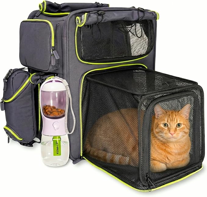 Premium Expandable Cat Carrier Backpack with Car Seat Belt Safety System – Rigid Frame Pet Carrier Backpack for Cats & Small Dogs up to 25 lbs – Breathable, Durable – Includes Bottle & Feeding Bowl
