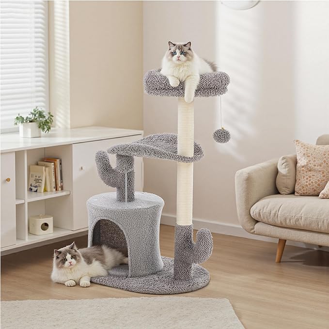 33 Inch Small Cat Tree Tower, Cat Tree with Curved Bed, Cat Tower with Scratching Post and Cozy Condo for Indoor Kittens and Cats, Grey