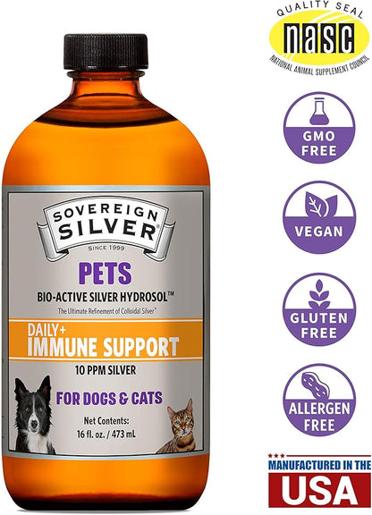 Sovereign Silver Pets Immune Support - Colloidal Silver, Bio-Active Silver Hydrosol, for dogs and cats, 10 ppm, Liquid Twist Top, 16 Fl Oz, (473 mL)