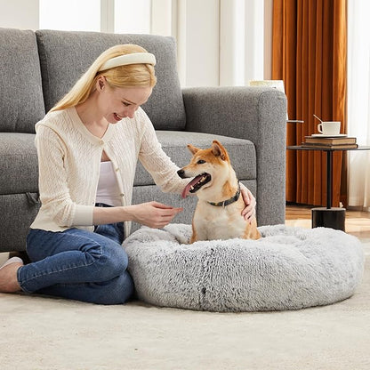 DUMOS 37.4x37.4 Inch Calming Donut Dog Beds for Large Dogs, Machine Washable Cuddler Warming Cozy Fluffy Faux Fur Plush Round Pet Bed Medium Sized Bed for Indoor Dogs and Cats, Grey
