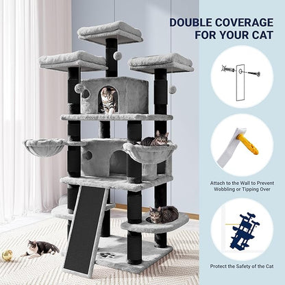 Allewie 68 Inches Cat Tree/House and Towers for Big Feline/Scratching Post/Multi-Level Large Kitty Climbing Tree with Condo/Black & Grey