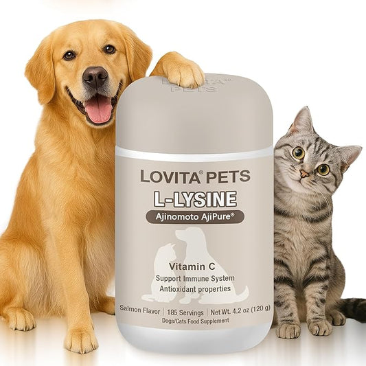 LOVITA Pets L-Lysine Powder for Cats & Dogs, Immune Support Pet Supplement with AjiPure L-Lysine and Vitamin C, Salmon Flavor for Daily Use, Includes Scoop