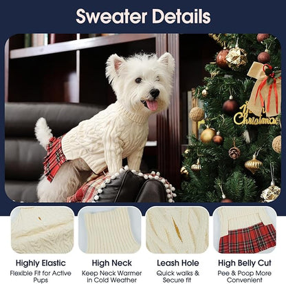 IECOii Girl XXXL Dog Sweater Dress, Girl Dog Sweaters for Extra Large Dogs Turleneck, Beige,XXXLarge, Thermal Warm Knitwear with Leash Hole, Adorable Cable Knit Sweater for Christmas & Thanksgiving