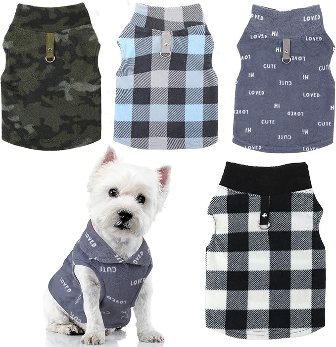 4 Pieces Winter Fabric Dog Sweater with Leash Ring Soft Fleece Vest Dog Clothes Plaid Camouflage Warm Puppy Jacket Pullover Clothes for Small Cat Puppy Chihuahua(XS)