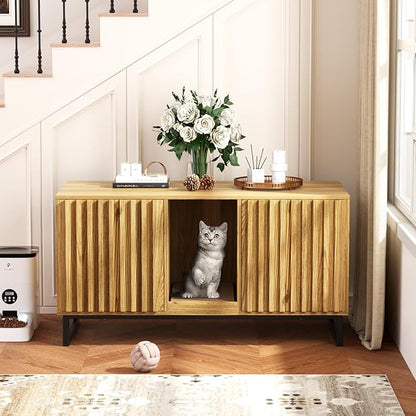 Double Litter Box Enclosure,Modern Cat Litter Box Enclosure for 2 Cats, Hidden Litter Box with Cat Scratch Pad, Cat Washroom Cat House End Table, Entryway Bench for Livingroom (Natural)