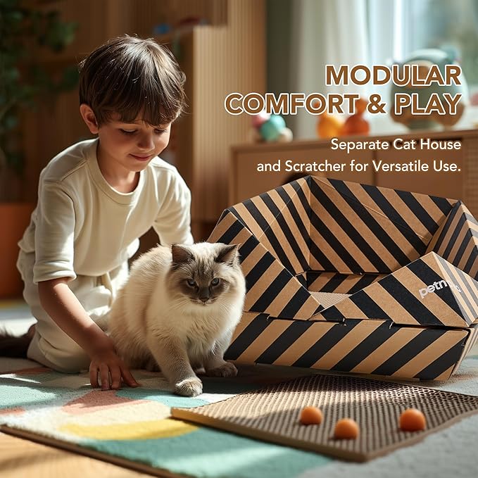 PETNOVO Foldable Cat Bed & House for Travel – Origami Cardboard Cat House with Built-in Honeycomb Scratcher Pad, No-Tools Assembly, FSC-Certified Recyclable, Black, 18.5" L x 18.5" W x 11.8" H