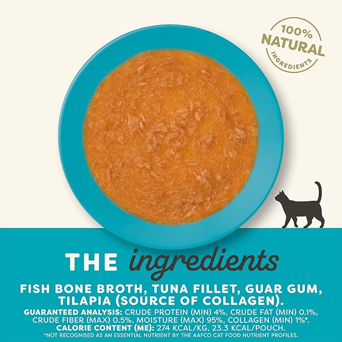 Applaws Natural Wet Cat Food in Topper, Limited and Natural Ingredients, High Protein with No Artificial Additives, Tuna Fillet Bone Broth (12 x 3oz Resealable Spout Pouches)