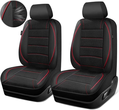 CAR PASS Air Mesh Leather Car Seat Covers Front Seats, Breathable Two Front Seat Covers for Cars, Comfortable Universal Fit for SUV Truck Sedan Automotive, Anti-Slip Airbag Compatible,Black and Red