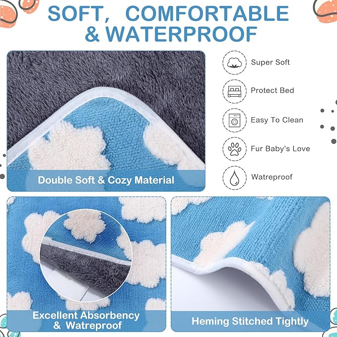 Reginary 4 Pcs Waterproof Guinea Pig Blankets Washable Small Animal Fleece Bedding Guinea Pig Cage Liners Reusable Training Pads Pet Pee Pad Sleep Mat for Hamster(White Clouds,24 x 16 Inch)