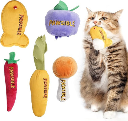 Pawsible 5 Pack Catnip Toys for Indoor Cats - 100% Organic Catnip Filled, No Cotton, Durable Teething Kicker Toys for Kittens, Food-Shaped Plush Chew Toys