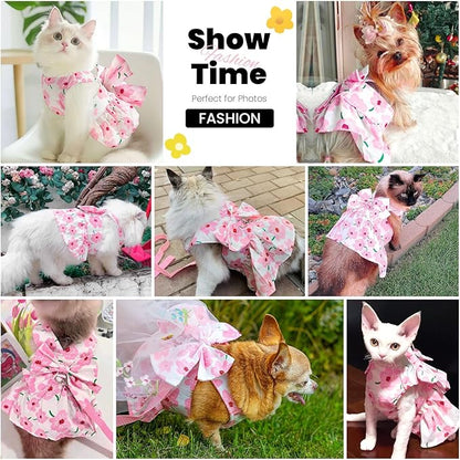 ABRRLO Cute Dog Dress Small Dog Clothes For Girls Female Puppy Outfit Pink Floral Pet Summer Clothes Bowknot Doggy Cat Princess Dress Harness Set for Holiday Birthday Party Costume Clothing (Pink,XXL)