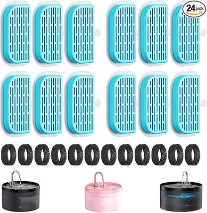 GIOTOHUN Cat Water Fountain Filter: 24 Filters - 12 Pieces Filters + 12 Pieces Sponges for Cat Fountain - Pet Water Fountain Filter Replacement for Pet Dispenser H1 (67oz/2L)