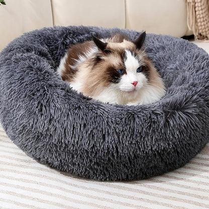 Round Donut Cat Bed Dog Bed Plush Calming Pet Beds Fluffy Rabbit Cave Warm Dog Couch Non Slip Bottom for Pets Up to 18KG