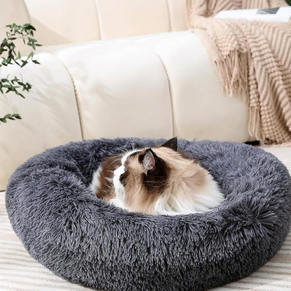 Round Donut Cat Bed Dog Bed Plush Calming Pet Beds Fluffy Rabbit Cave Warm Dog Couch Non Slip Bottom for Pets Up to 18KG