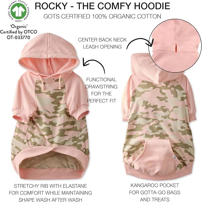 Pet Passion Rocky – The Original Lightweight Hooded Tee 100% Organic Cotton Dog Hoodie Pet Coat Sweater for All Sized Dogs, Pink Half Camo, Large (40-60 lbs)