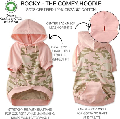 Pet Passion Rocky – The Original Lightweight Hooded Tee 100% Organic Cotton Dog Hoodie Pet Coat Sweater for All Sized Dogs, Pink Half Camo, Large (40-60 lbs)