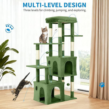 GarveeLife 61" Multi-Level Cat Tree for Indoor Cats, Heavy-Duty Tower for Large Adult & Maine Coon Cats with Oversized Perch, Dual Condos, Natural Sisal Scratching Posts & Play Toys – Green