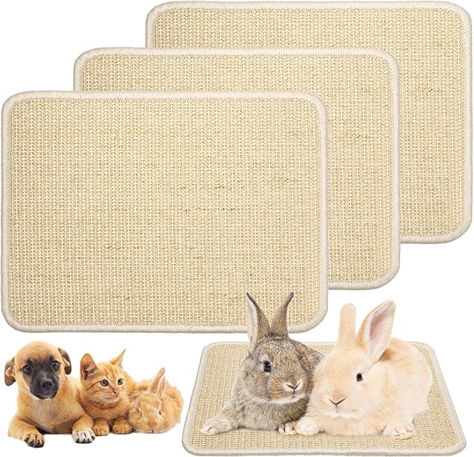 3 Pieces Rabbit Scratcher Mat, Natural Sisal Cat Bunny Floor Scratching Pad, Animal Scratch Pad Rug for Indoor Horizontal Cat Floor Scratching Mats, Furniture Protector (Beige)