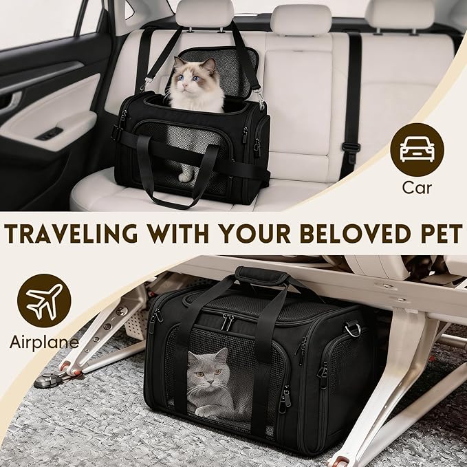 Cat Carrier Soft, Dog Carriers for Small Dogs/Large Cats (Up to 16lbs), with High Breathability, Shoulder Strap, Removable Pad, Pet Carrier Airline Approved, for Home Outdoor Travel (Black)