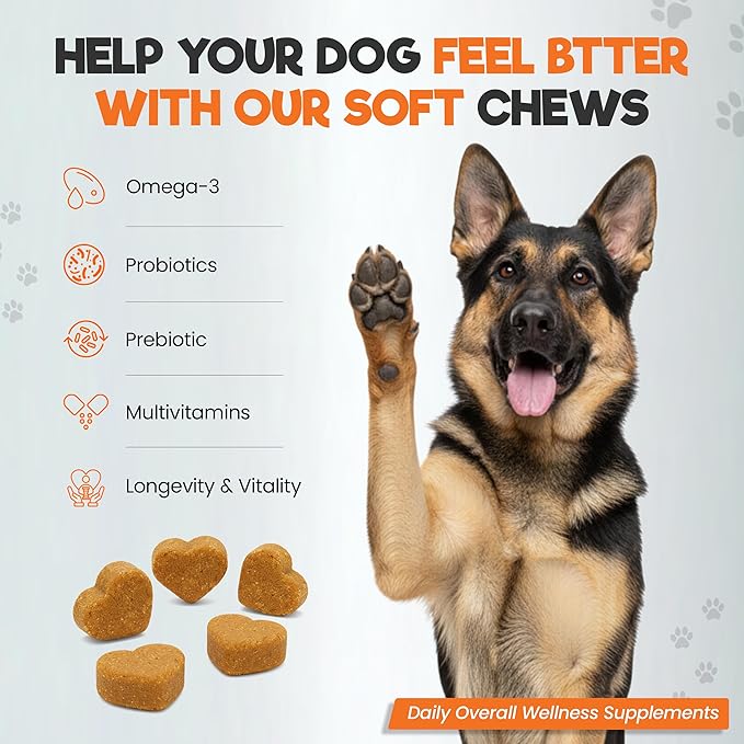 Dog Multivitamin Soft Chews for Longevity & Vitality, Dog Treats with Probiotics, CoQ10, & Omega 3 to Support Skin, Coat, Gut, Heart & Immune Health for All Breeds & Sizes, Peanut Butter, 60 Chews
