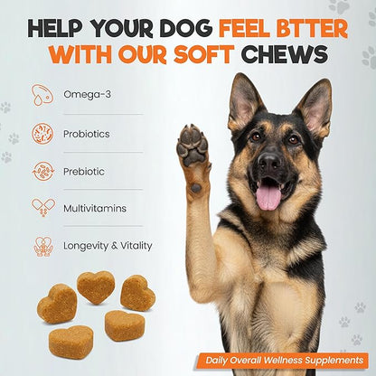 Dog Multivitamin Soft Chews for Longevity & Vitality, Dog Treats with Probiotics, CoQ10, & Omega 3 to Support Skin, Coat, Gut, Heart & Immune Health for All Breeds & Sizes, Peanut Butter, 60 Chews