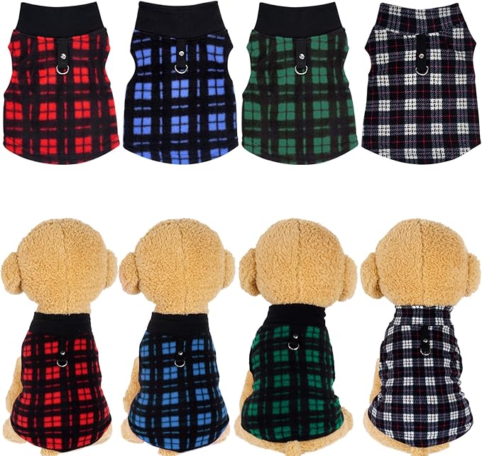 Rbenxia 4-Piece Buffalo Plaid Dog Sweater Set - Soft Fleece Vest & Pullover Jacket with Leash Ring for Puppy, Cat & Small Dog Pets - Warm Winter Outfits (X-Small)