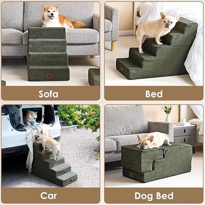 EHEYCIGA Dog Stairs for Small Dogs 13.5" H, 3-Step Dog Steps for Couch Sofa and Chair, Pet Steps for Medium Cats, Non-Slip Balanced Pet Ramp Indoor, Military Green