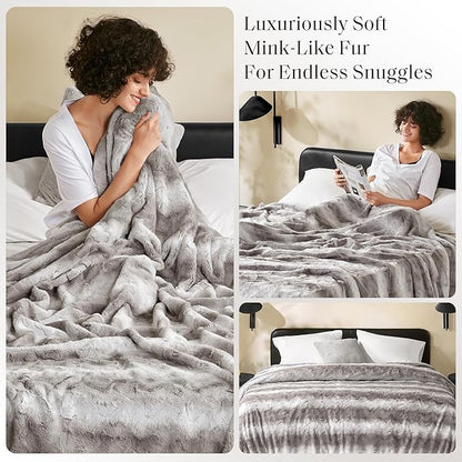 Madison Park Ultra-Soft Poly Fur Blanket King Size, Reversible Plush, All Season & Lightweight Fuzzy Blanket for Bed, Couch & Sofa, Zuri, King/Cal King Grey