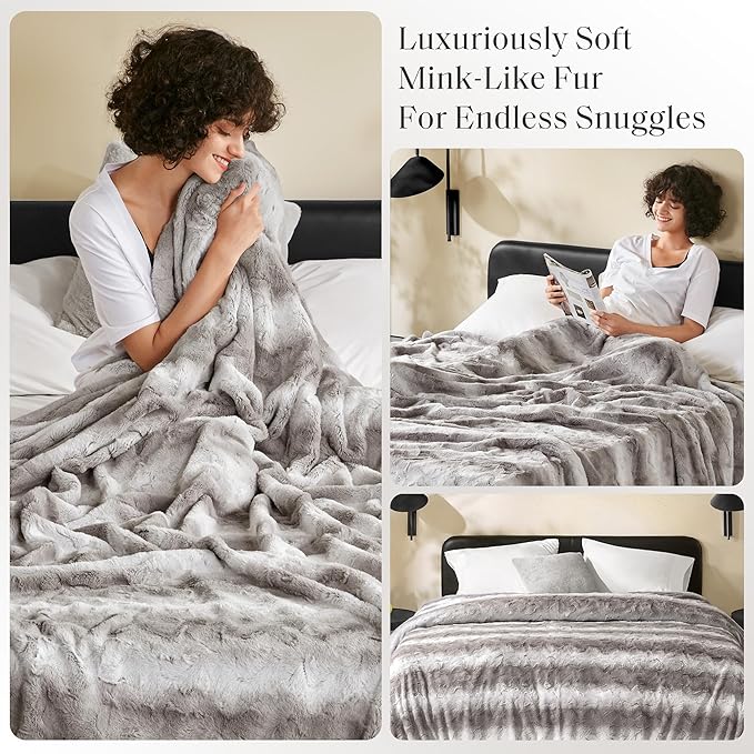 Madison Park Twin Size Blanket Ultra-Soft Poly Fur, Reversible Plush, All Season & Lightweight Fuzzy Blanket for Bed, Couch & Sofa, Zuri, Twin/Twin XL Grey