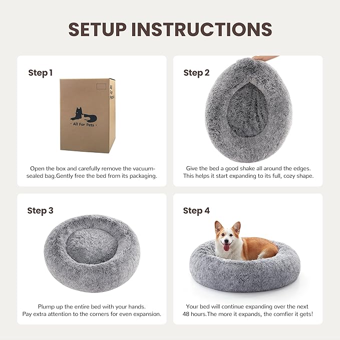 Donut Dog Bed Medium Size Dog, Round Cat Beds for Small Medium Dogs and Cats with Washable Fluffy Faux Fur, Cute Comfort Pet Bed with Anti-Slip Bottom, Grey, 24"