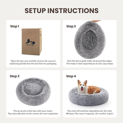 Donut Dog Bed Medium Size Dog, Round Cat Beds for Small Medium Dogs and Cats with Washable Fluffy Faux Fur, Cute Comfort Pet Bed with Anti-Slip Bottom, Grey, 24"