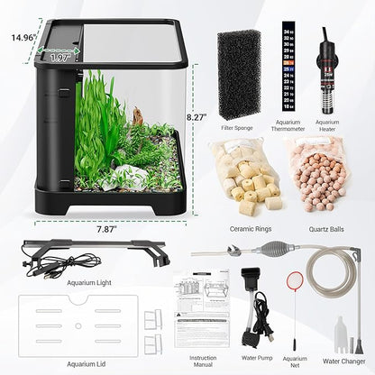 3.5 Gallon Betta Fish Tank, All in One Aquarium Starter Kits with Back Filter, Adjustable Pump, 25W Heater, Thermometer Strip, LED Light with Timer & Water Changer Kit, Nano Fish Tank, AIO Aquarium