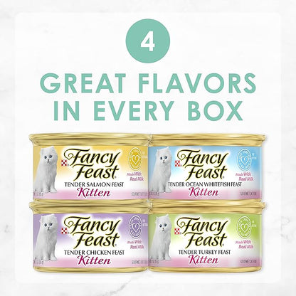 Purina Fancy Feast Tender Ocean Whitefish, Turkey, Chicken and Salmon Feasts Wet Kitten Food Variety Pack - (Pack of 24) 3 oz. Boxes