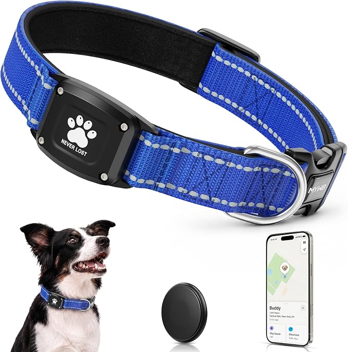 GPS Dog Collar Tracker 2-in-1,Reflective Waterproof Pet Collar,iOS-Only,No Monthly Fees,Unlimited Range,Dog Tracking Collar Pet Tracker,for Small Medium Large Dogs(L (16.5"-23.5"), Blue)