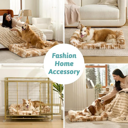 COZY KISS Extra Large Dog Bed, Faux Rabbit Fur Orthopedic Dog Bed with Sides, Removable Washable Cover & Waterproof Lining, Comfortable Pet Couch, Tie-Dye Brown (48" L x 35" W x 7.5" Th)
