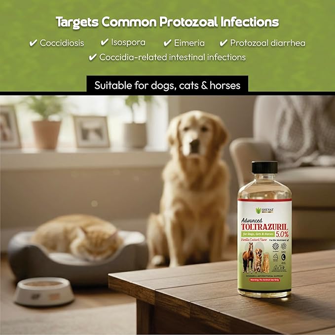 SHEVAT VITAMINS Advanced Toltrazuril 5.0% for Dogs, Cats & Horses – Vanilla Flavor – Oral Suspension – Easy-Dose Liquid – Includes 3 mL Dropper – Animal Use Only (120ml)