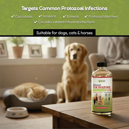 SHEVAT VITAMINS Advanced Toltrazuril 5.0% for Dogs, Cats & Horses – Vanilla Flavor – Oral Suspension – Easy-Dose Liquid – Includes 3 mL Dropper – Animal Use Only (120ml)