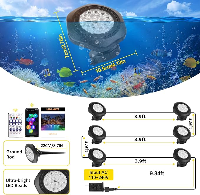 T-SUN Pond Lights LED Underwater 16M Colors with App and Remote 6 Pack | Dimmable,Timer,IP68 Waterproof Submersible Fountain Lights Led Underwater Pond Lights for Outdoor Pond Koi Aquarium Garden